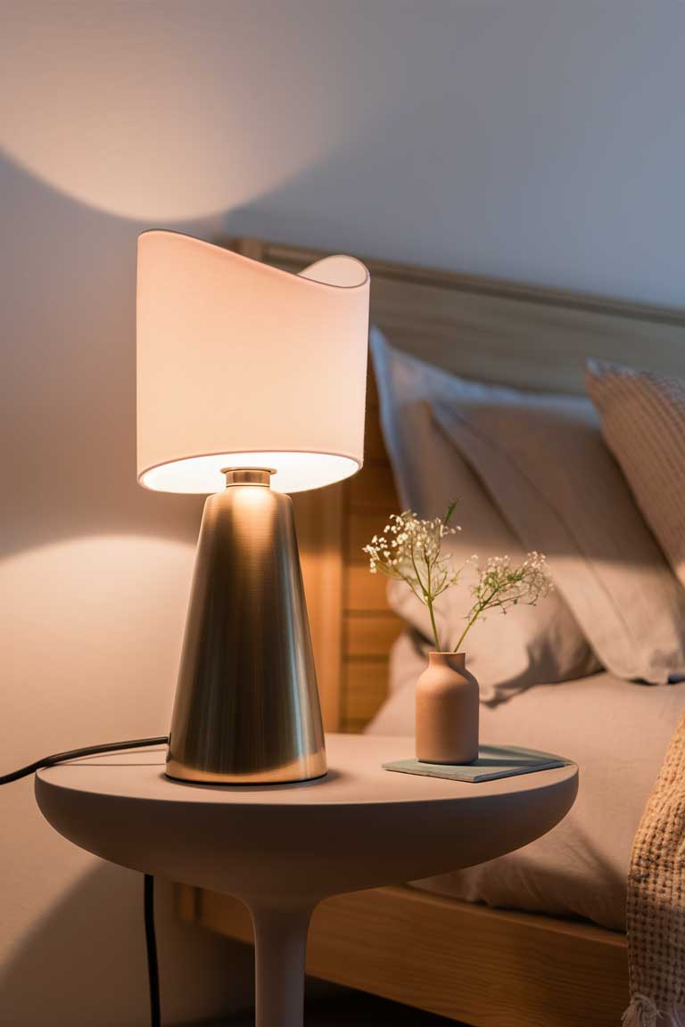 A bedside table with a modern, sculptural table lamp emitting a warm glow. The lamp has a simple, cylindrical shade and a thin metal base, exemplifying minimalist design.