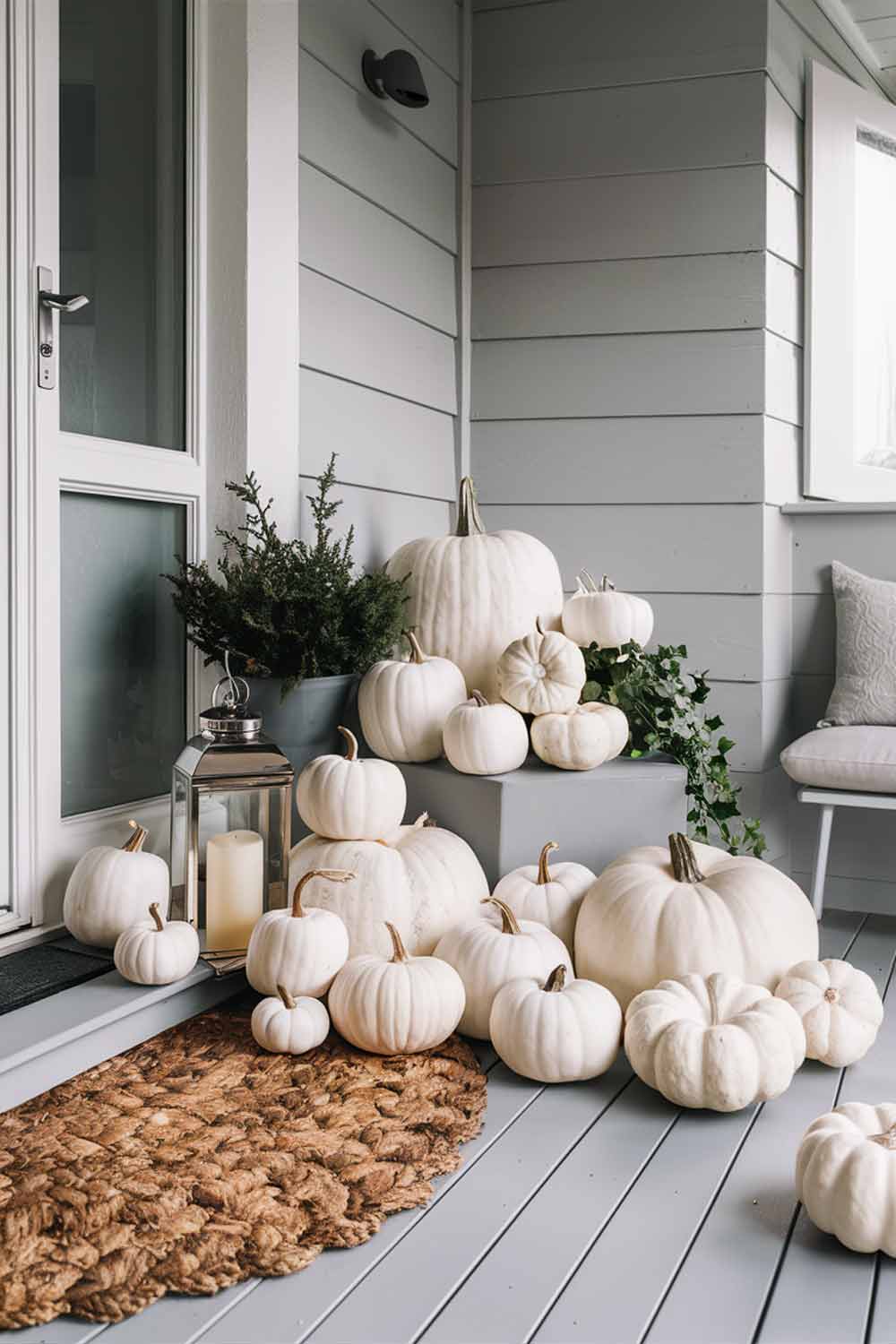 A sleek, modern porch with light gray walls featuring an arrangement of white pumpkins in various sizes, from mini to large. A simple gray doormat and a metal lantern with a white candle complete the monochromatic look.