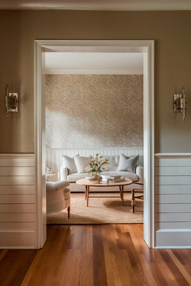 A small living room with three walls painted in a soft taupe color. The fourth wall features a subtle metallic wallpaper with a delicate pattern. A white shiplap accent covers the lower half of the walls, adding texture and character to the space.