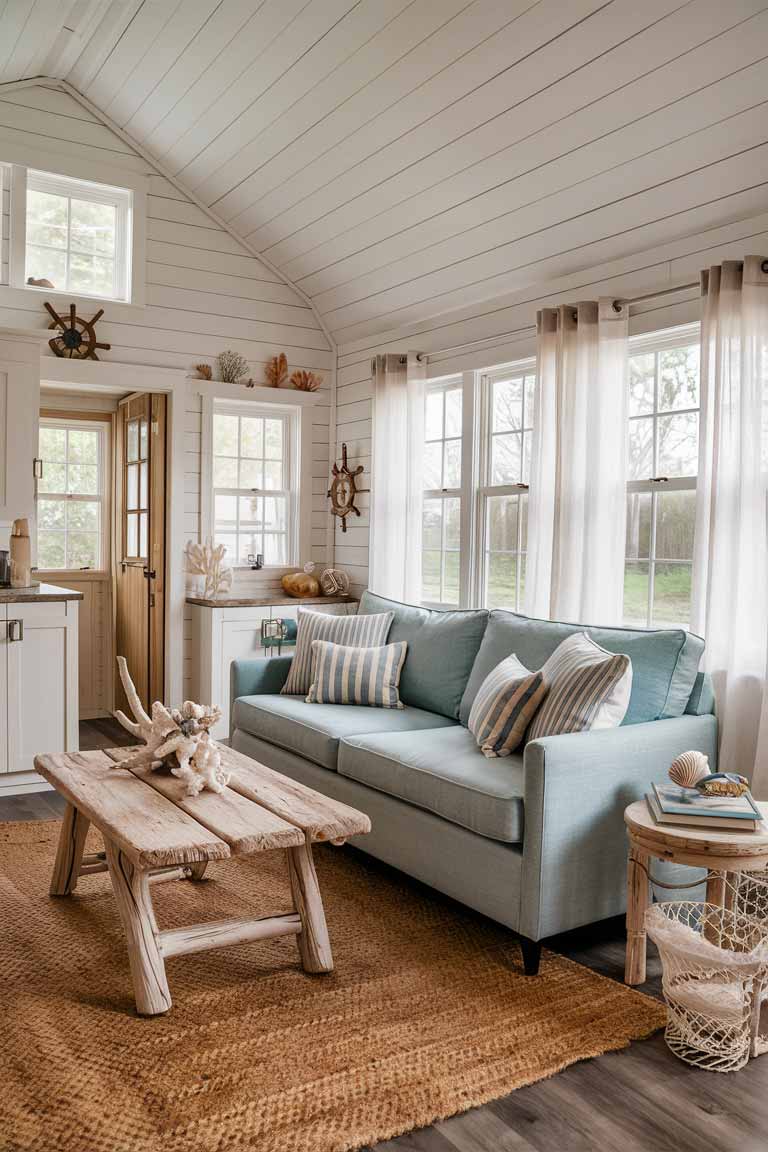 A bright and airy tiny house living room with a coastal theme. White shiplap covers the walls, giving a beach house feel. A light blue sofa with striped cushions is the main seating. A driftwood coffee table sits in front. Large windows with sheer white curtains let in plenty of natural light. A jute rug covers the floor, adding texture. Coastal decor elements like seashells, coral, and a ship's wheel are tastefully displayed.