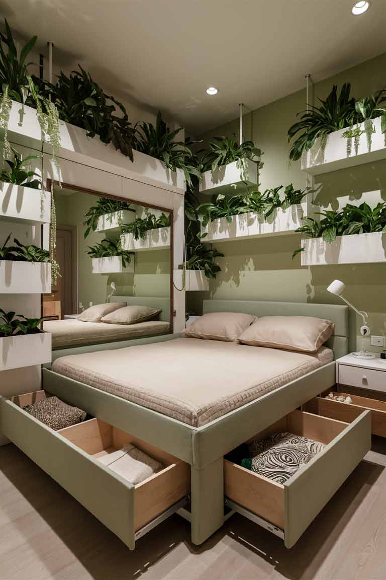 A compact bedroom showcasing smart space-saving solutions. A bed with pull-out drawers, wall-mounted shelves with plants, and a large mirror that makes the room appear more spacious. The color scheme is predominantly green and white.