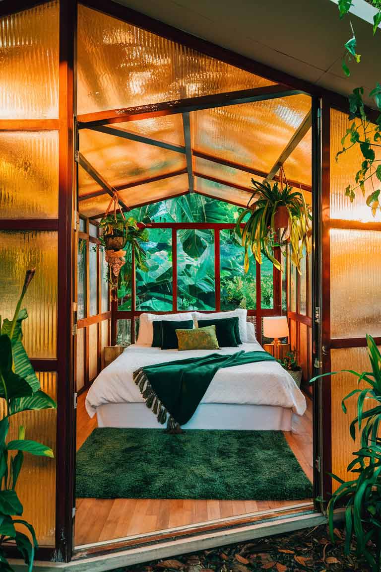 A tiny bedroom with glass walls and ceiling, filled with sunlight. The space has a white bed with green throw pillows, hanging plants, and a vibrant green area rug. The room is surrounded by lush greenery visible through the glass.