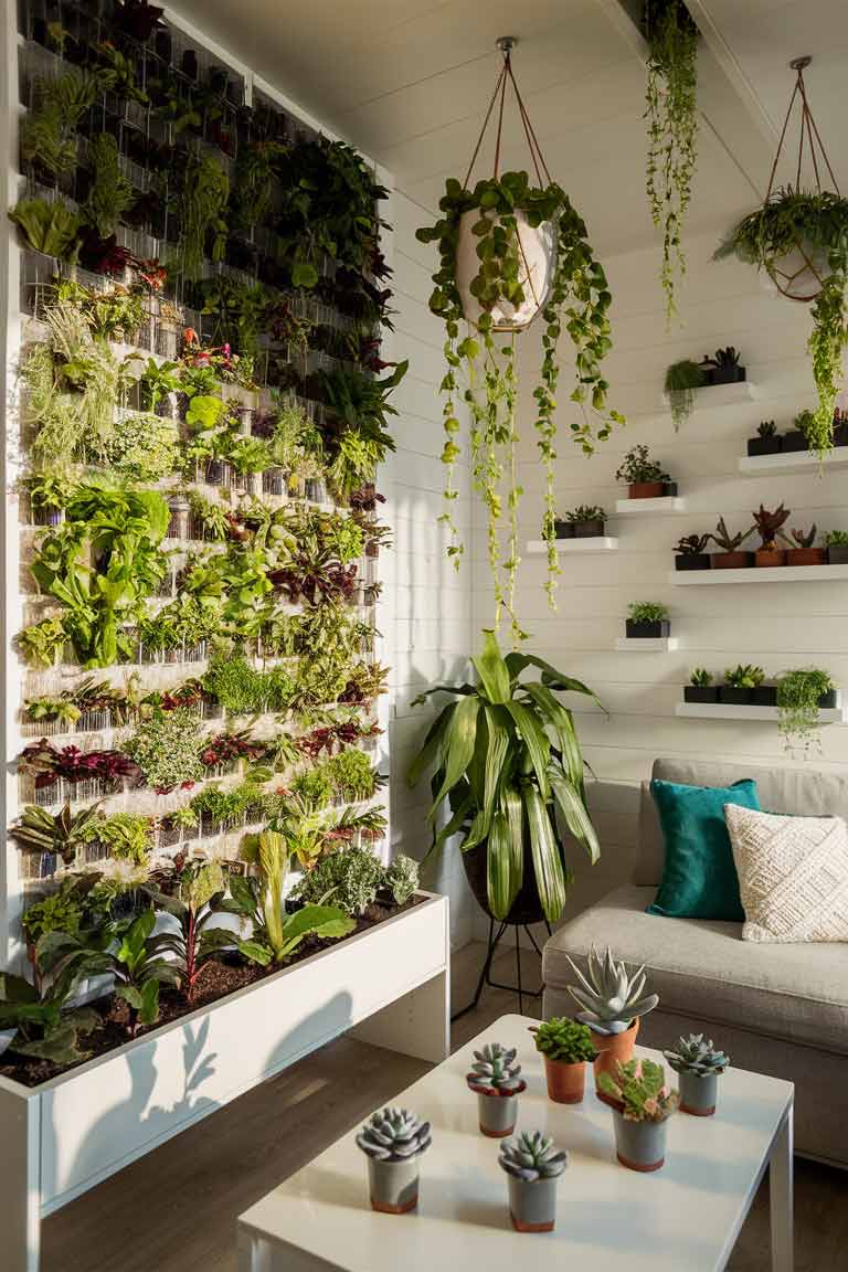 A bright tiny house living room filled with clever plant arrangements. A vertical garden takes up one small wall, filled with a variety of small plants. Hanging planters suspend from the ceiling in corners, while a large floor plant stands in one corner. Small potted succulents adorn the coffee table and floating shelves. The greenery adds life and freshness to the compact space.