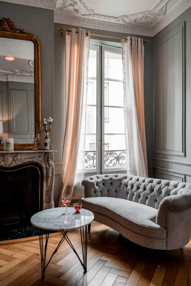 A small living room inspired by Parisian elegance. High ceilings with ornate moldings, a gold-framed vintage mirror above a marble fireplace. A light grey tufted velvet sofa sits next to a small round marble coffee table with delicate iron legs. Soft, sheer curtains frame a tall window.