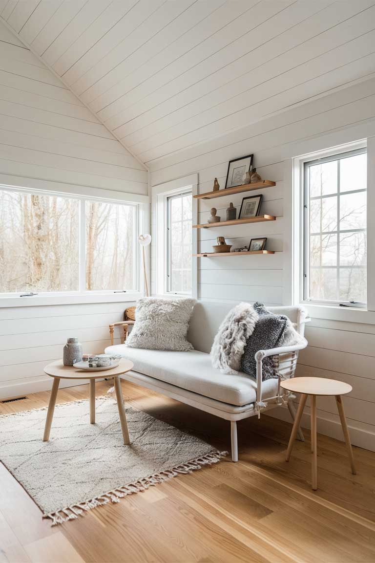 A serene tiny house living room inspired by Scandinavian design. The walls are white, and light wood flooring adds warmth. A compact white sofa is adorned with gray and white textured pillows. A simple round wooden coffee table sits atop a minimalist area rug. Wall-mounted floating shelves display a few carefully chosen decorative items. Large windows let in plenty of natural light, emphasizing the bright, airy feel of the space.