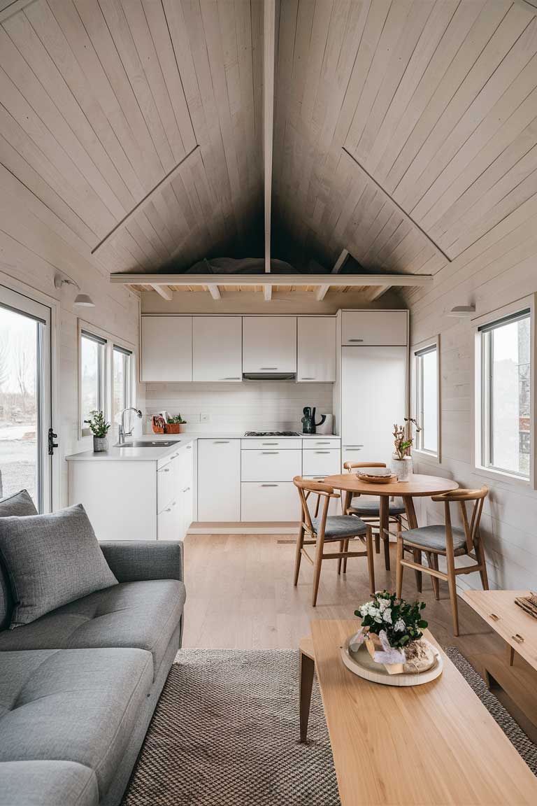 An open-concept Scandinavian tiny house with a living area featuring a grey sofa and a light wood coffee table, a compact kitchen with white cabinets, and a small dining nook with a round wooden table and chairs.