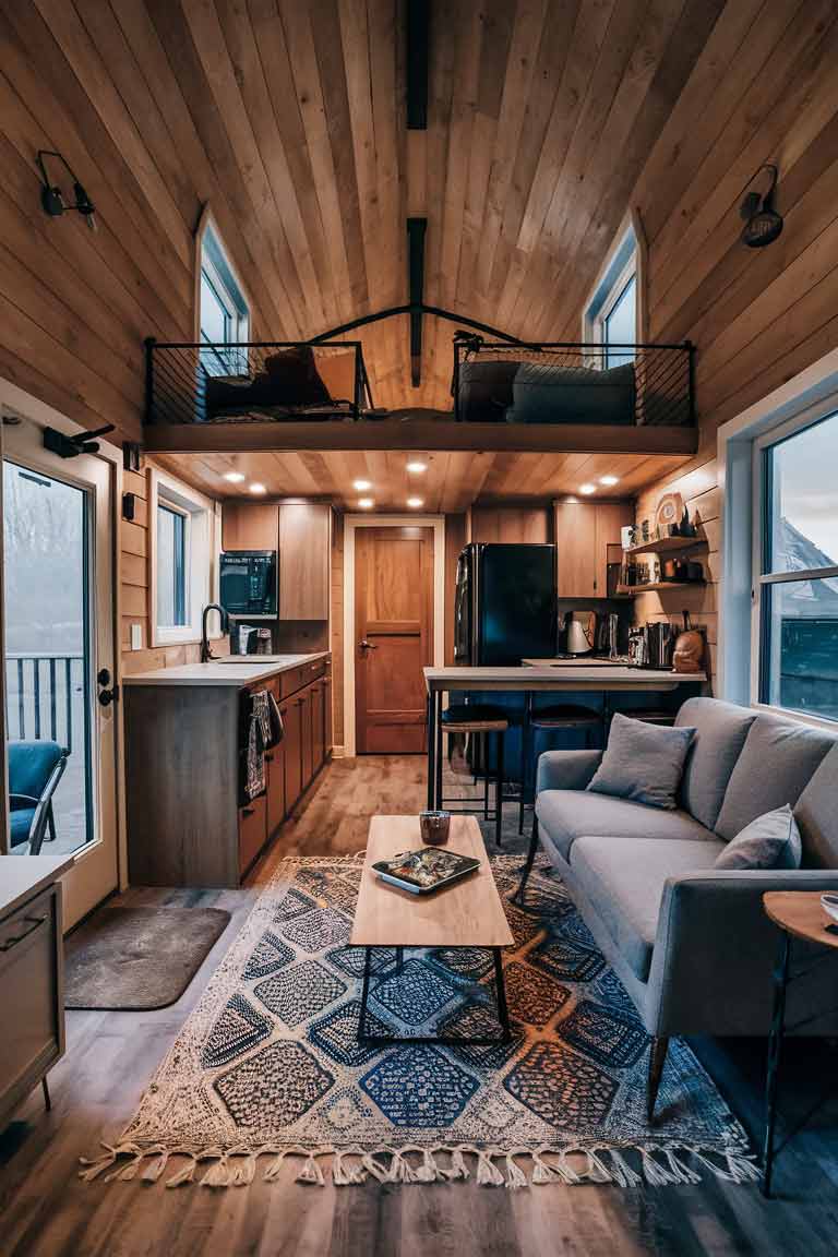 A tiny house interior with an open floor plan. The living room seamlessly blends into the kitchen area. A small, modern sofa and coffee table define the living space, while a compact kitchen with a breakfast bar is visible beyond. A large area rug under the living room furniture helps to visually separate the spaces. The decor is cohesive throughout, with a modern, minimalist style. The space feels open and fluid despite its small size.