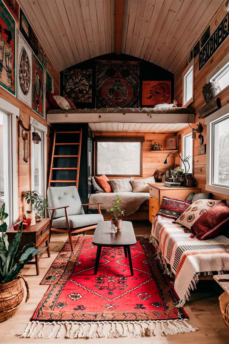 A tiny house interior showcasing an eclectic mix of styles. A vibrant gallery wall features artwork from various cultures and periods. The furniture is a mix of vintage and modern pieces - a mid-century modern armchair sits next to a traditional wooden coffee table. Textiles from around the world add color and texture - think Moroccan rugs, Indian throw pillows, and Scandinavian blankets. Plants and global decor items fill the space with character. Despite the variety of elements, the overall design feels cohesive and intentional.