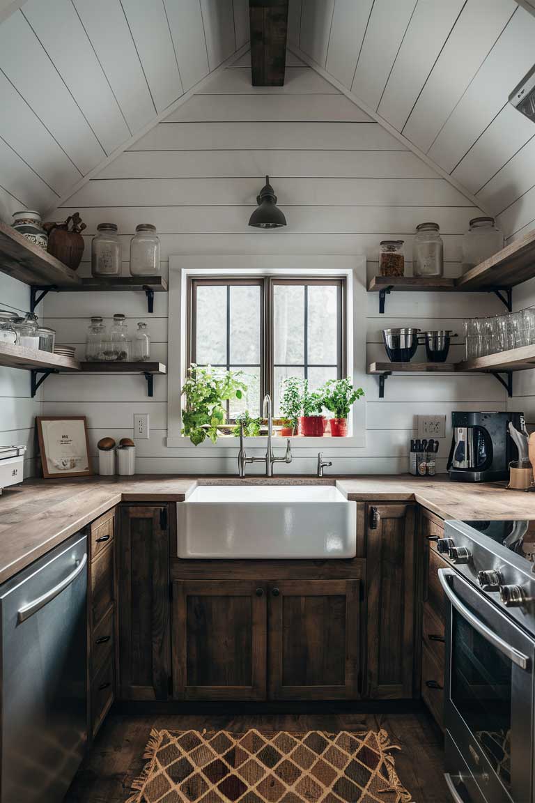 A tiny house kitchen embodying modern farmhouse style. White shiplap walls contrast with dark wood open shelving. A farmhouse sink while modern stainless steel appliances provide functionality. Mason jars and a small herb garden on the windowsill complete the look.