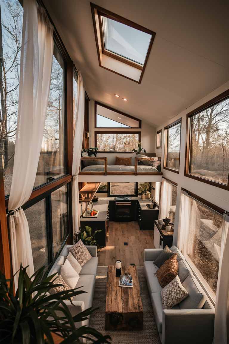 A bright and airy tiny house living room with large windows. Sheer white curtains frame the windows, allowing plenty of natural light to filter through. One wall features a floor-to-ceiling window, offering an unobstructed view of the outdoors. A skylight in the ceiling brings in additional overhead natural light. The room feels spacious and connected to the outside despite its small size.