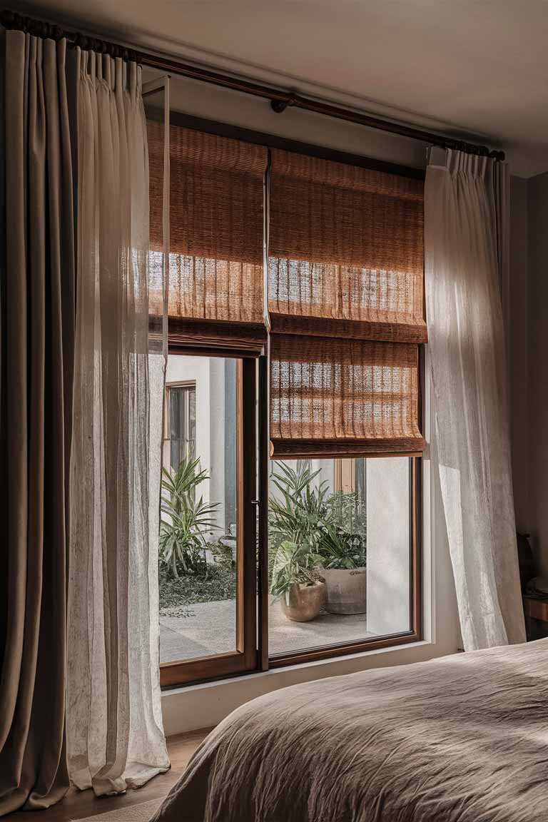 A large window in a Japandi bedroom, dressed with layers of window treatments. Sheer white curtains hang from a dark wood rod, while natural fiber blinds are partially lowered, creating a layered, textured look.