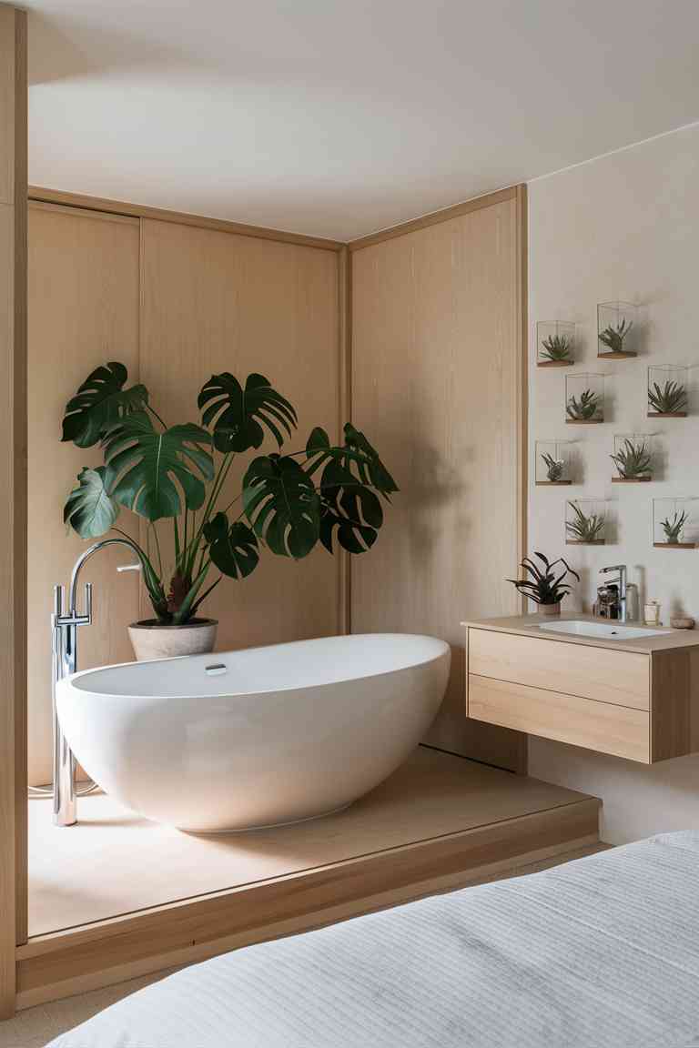 An en-suite bathroom connected to a Japandi-style bedroom. The bathroom features a freestanding white bathtub against a backdrop of light wood paneling. Next to the tub, a large monstera plant in a minimalist pot adds a lush green accent. On the opposite wall, a floating wooden vanity holds a few small air plants in glass terrariums. The overall effect is spa-like and serene, with clean lines and natural materials.