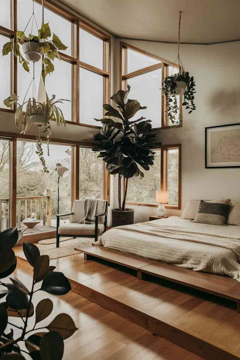 A spacious Japandi-style bedroom with high ceilings and large windows. In one corner, a tall fiddle leaf fig tree stands in a large ceramic pot. Near the windows, hanging planters hold trailing pothos plants. The room features a king-size low platform bed with neutral bedding, flanked by wooden nightstands each holding a small plant. A seating area with a minimalist armchair and floor lamp is visible, with a medium-sized rubber plant nearby. The overall effect is lush yet serene, with plenty of open space and natural light.