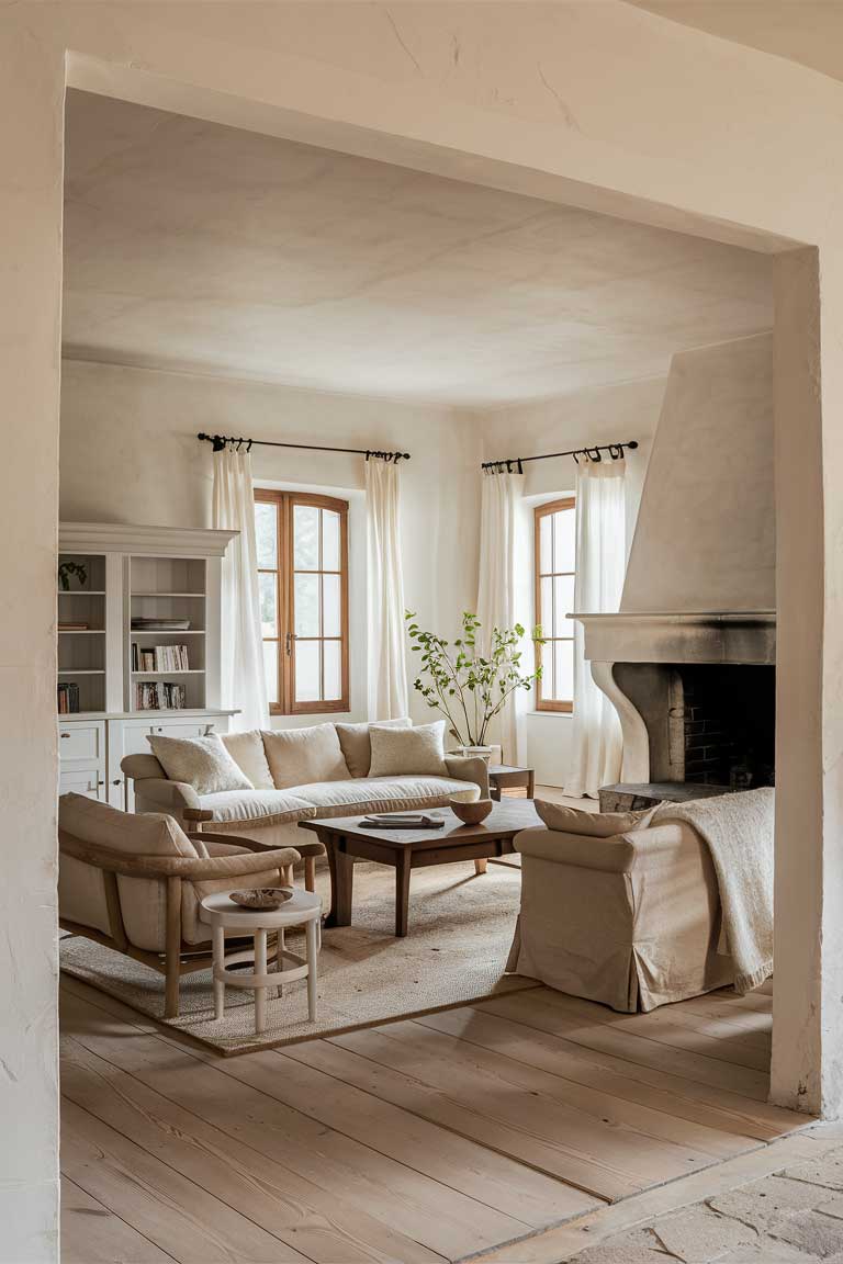 A minimalist farmhouse living room, exuding warmth and simplicity. The room features soft white walls, wooden floors, and a large stone fireplace. The furniture is a mix of neutral tones, including a beige sofa, a wooden coffee table, and a white bookshelf. The emphasis is on the natural light pouring in through large windows, adorned with simple white curtains. A touch of greenery is added with a potted plant in the corner.