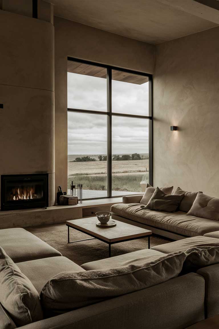 A minimalist farmhouse living room, featuring a neutral color palette. The room is furnished with a comfortable L-shaped couch, a sleek coffee table, and a large, warm fireplace. A floor-to-ceiling window frames a breathtaking view of a serene countryside. The overall ambiance is cozy and inviting, exuding a sense of tranquility and relaxation.