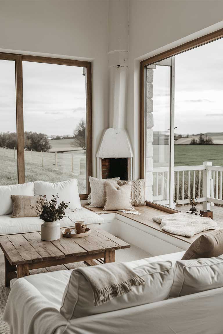 A minimalist farmhouse living room, featuring a cozy and serene atmosphere. The room is adorned with a white couch, a wooden coffee table, and a large, floor-to-ceiling window showcasing a picturesque view of the countryside. A white, rustic fireplace is in the corner, with a few decorative pillows and a soft, warm throw. The overall aesthetic is clean, natural, and inviting, allowing for a peaceful and rejuvenating escape from the bustling world.