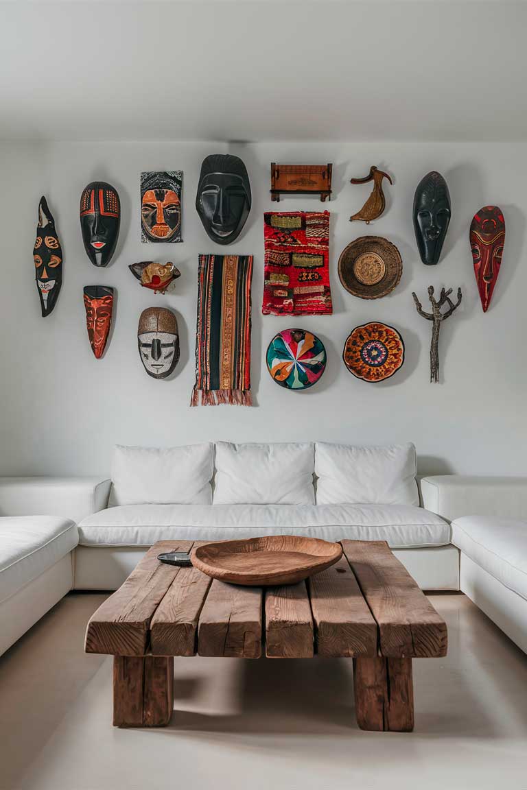 A minimalist living room featuring a white sofa and a wooden coffee table. On the walls and throughout the space, a collection of eclectic decor pieces from around the world is displayed, including African masks, Indian textiles, and Japanese ceramics. The simple, minimalist furniture allows these global-inspired elements to take center stage, creating a living room that celebrates cultural diversity and artistry.