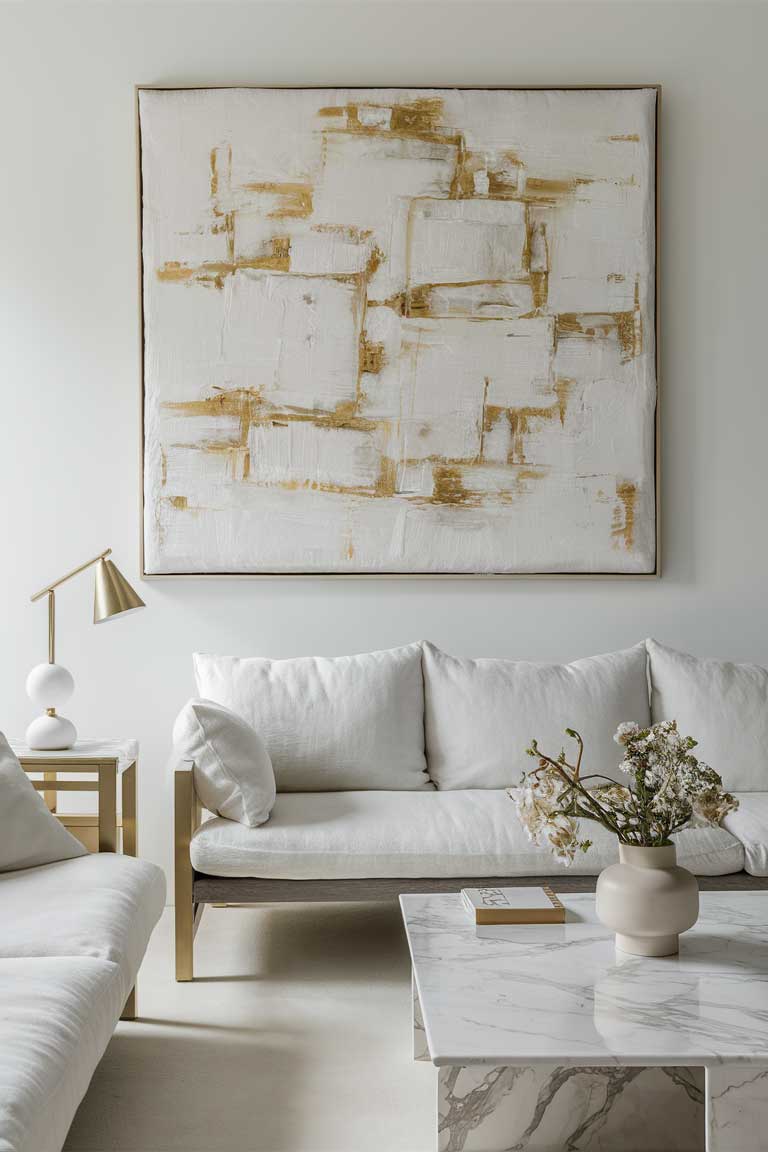 A minimalist living room with a white linen sofa, a marble coffee table, and gold-accented decor pieces. A large abstract painting in shades of white and gold hangs on the wall.