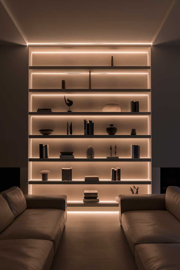 A minimalist living room with LED uplighting installed along the base of a bookshelf. The lighting creates a dramatic effect, highlighting the minimalist design of the room and the carefully curated items on the shelves.