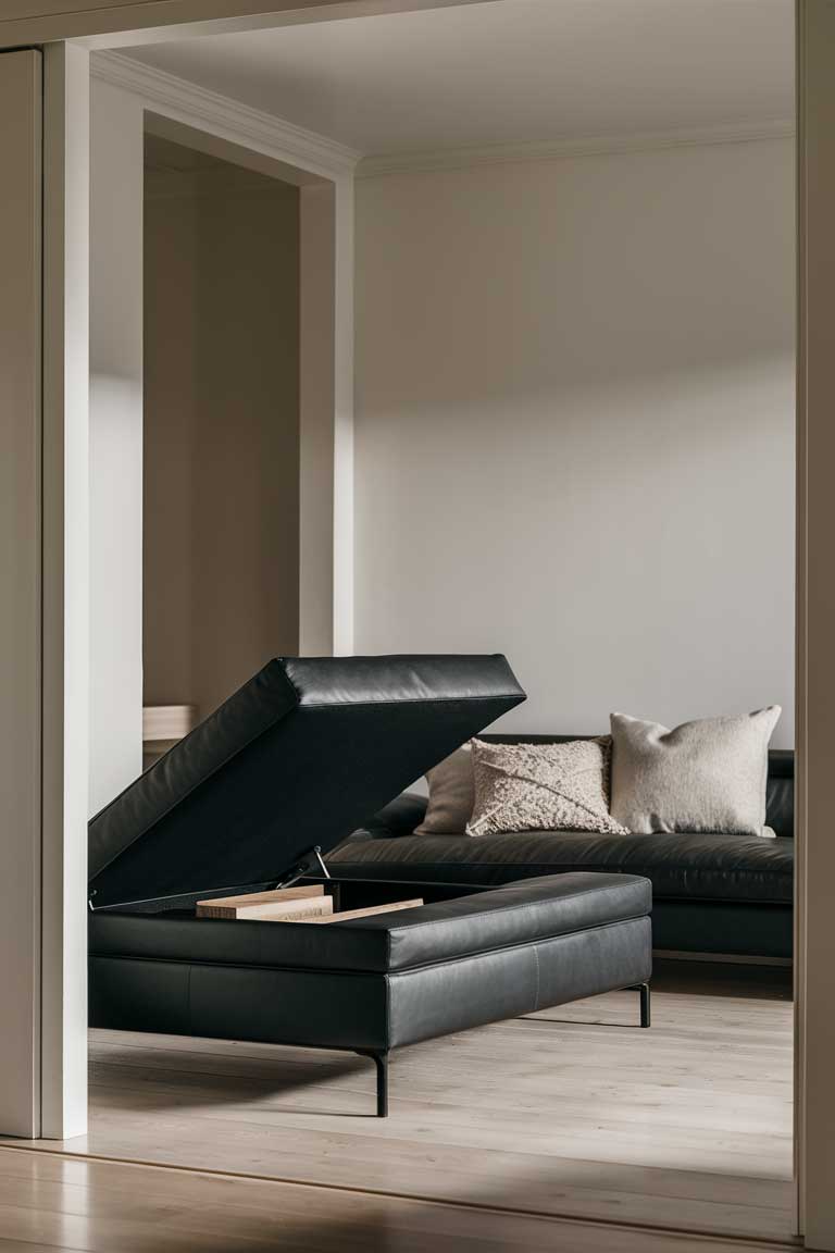 A close-up of a minimalist living room featuring a sleek black leather ottoman with the top partially open, revealing hidden storage inside.