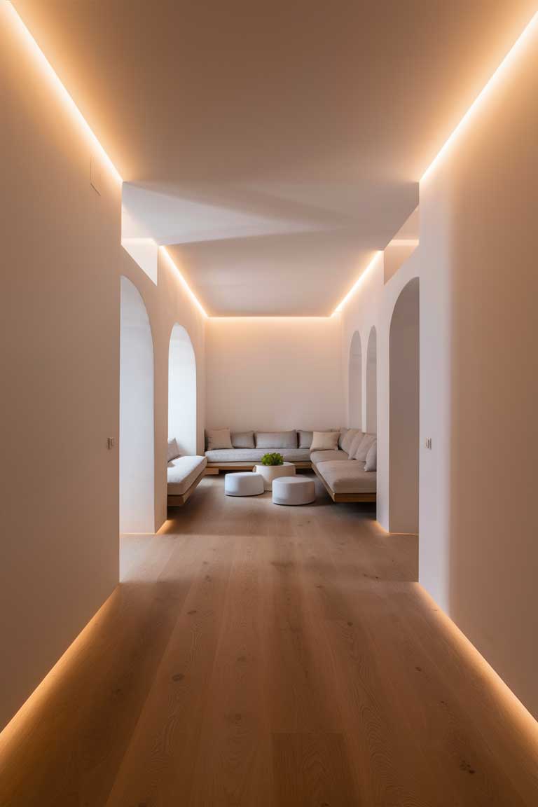 A minimalist living room with hidden cove lighting installed along the perimeter of the ceiling. The warm light softly washes down the smooth, white walls, emphasizing the room's clean lines and minimal decor.