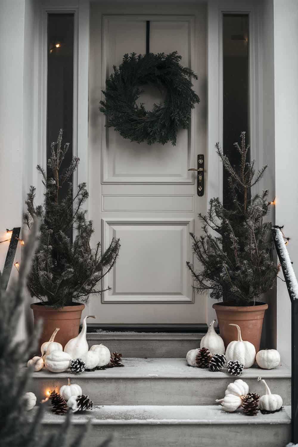 A minimalist porch transitioning from fall to winter. A simple evergreen wreath hangs on the door, and two small potted pine trees flank the entrance. A collection of white-painted gourds and natural pinecones are artfully arranged on the steps, replacing the earlier pumpkin display.