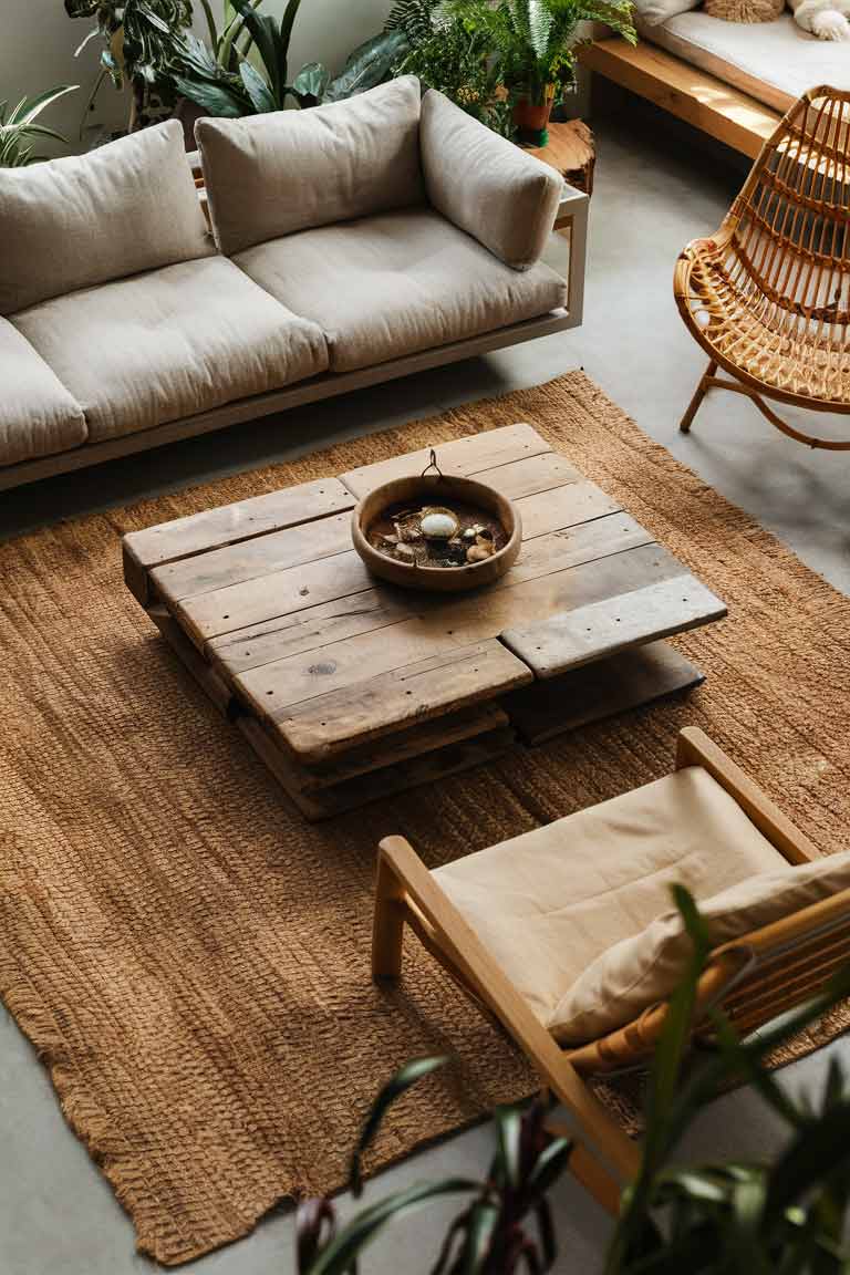 A living room featuring a low-profile sofa in a natural linen fabric. Beside it, a reclaimed wood coffee table with simple lines sits atop a jute rug. In the corner, a rattan lounge chair adds a bohemian touch. The furniture pieces are spaced out, allowing each to be appreciated individually while contributing to the overall relaxed vibe of the room.