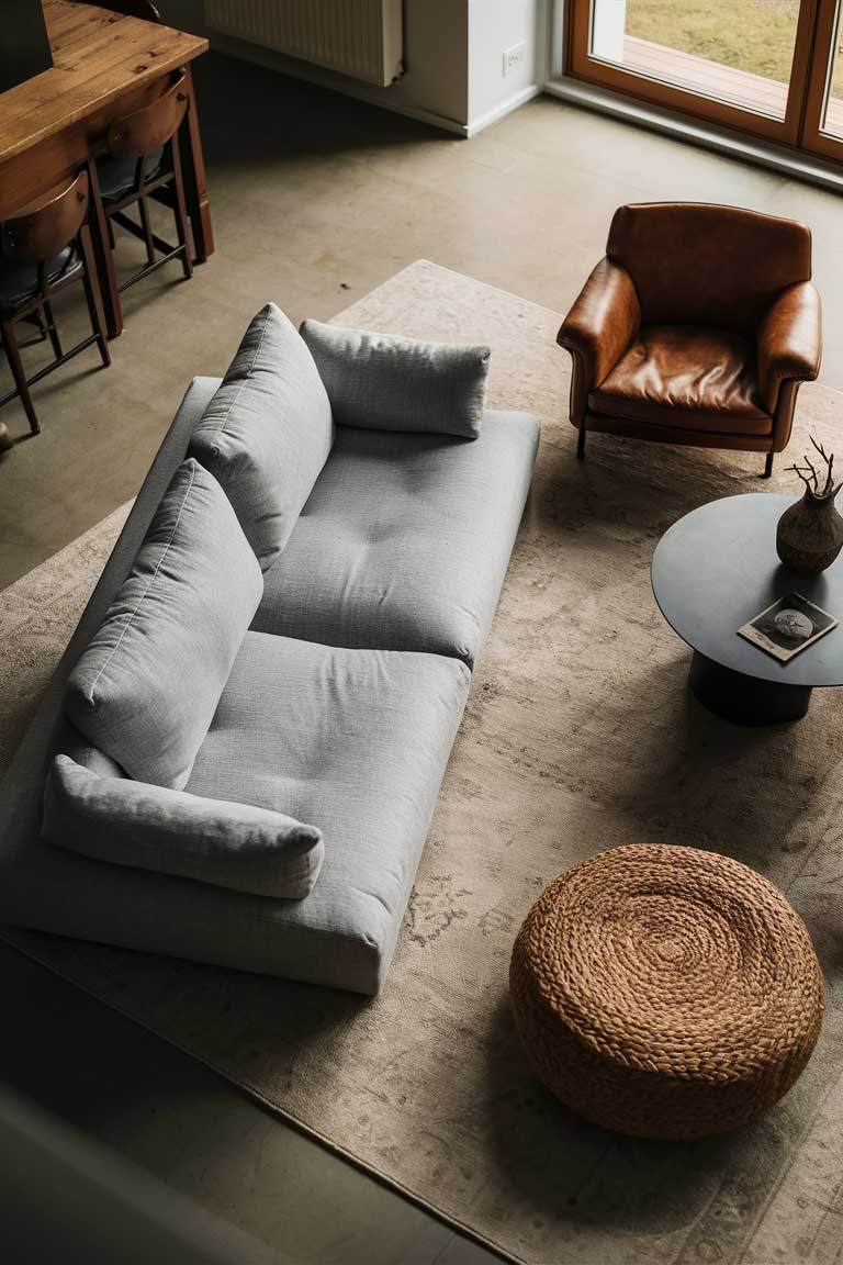 A living room with a low-profile, light gray linen sofa as the centerpiece. Beside it, a vintage leather armchair adds character. A round, woven pouf serves as additional seating or a footrest. The furniture is arranged to create an open conversation area, with plenty of space between pieces. A large, soft area rug in muted tones anchors the seating arrangement.