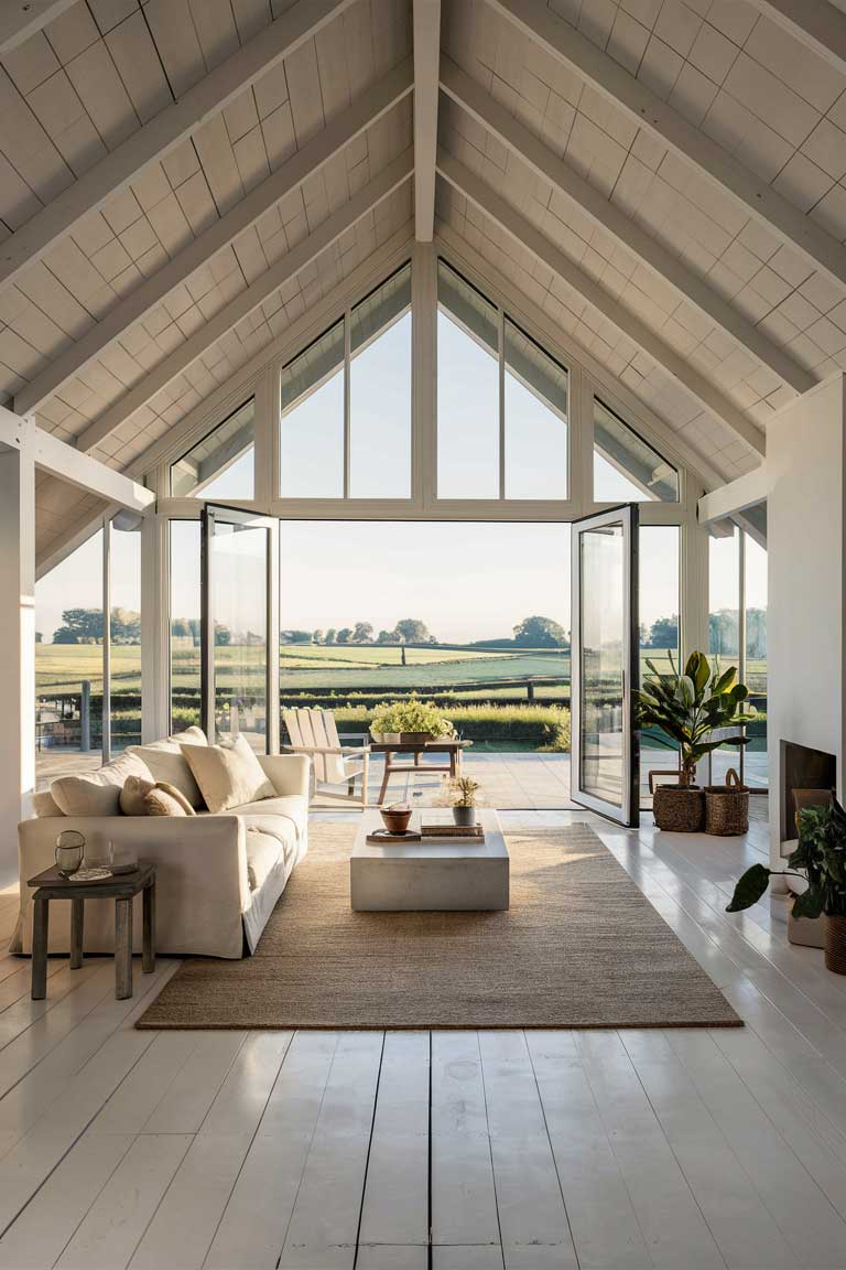 A modern, minimalist farmhouse living room, featuring a pristine white color palette. The space is furnished with a comfortable white sofa, a low-profile coffee table, and a large, floor-to-ceiling window that showcases a picturesque view of the surrounding farmland. The room is accented with natural elements such as a wooden side table and potted plants, creating a serene and harmonious atmosphere