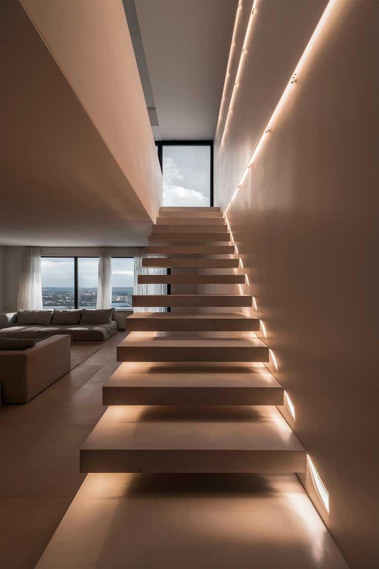 A minimalist living room with a staircase leading to an upper level. Embedded LED lights along the edge of each stair illuminate the space with a soft, modern glow, enhancing the clean, linear design of the room.