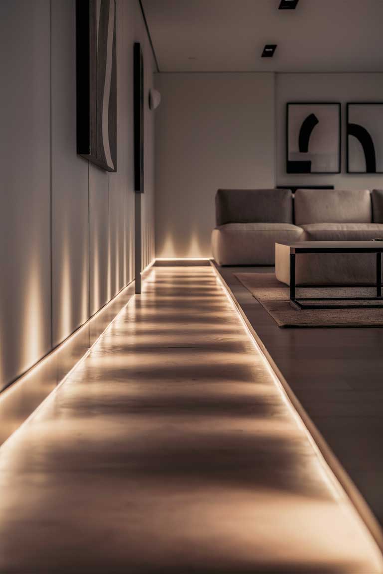 A minimalist living room with a sunken LED strip embedded into the floor along the base of the walls. The subtle, indirect lighting highlights the clean lines of the room, furnished with a low, modular sofa and a minimalist coffee table.