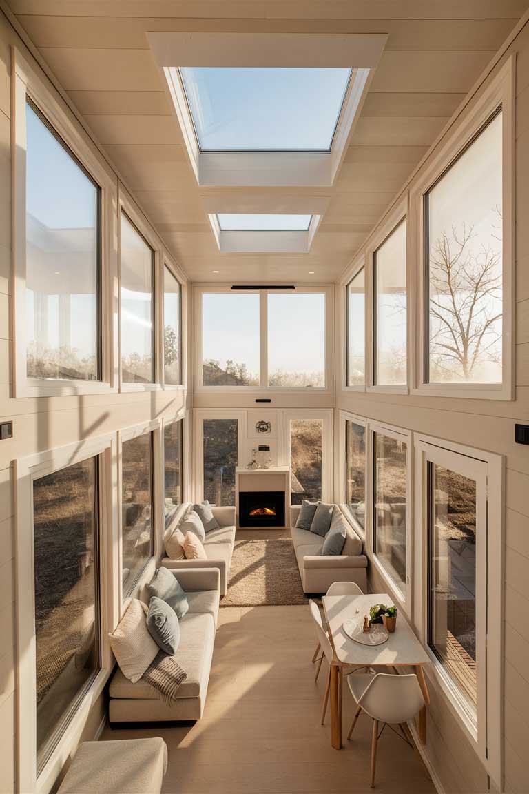 A bright modern tiny house living room bathed in natural light. Large windows dominate one wall. A skylight in the ceiling brings in additional daylight. Light-colored walls and furniture reflect the light, making the space feel open and airy.