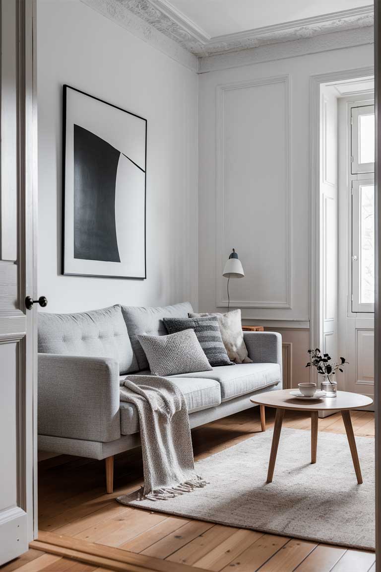 A small living room with Scandinavian-inspired design. Features a light grey sofa with clean lines, a white round coffee table with wooden legs, and light wood flooring. The walls are white with a large black and white minimalist art piece. A textured throw blanket and a few cushions add coziness to the scene.