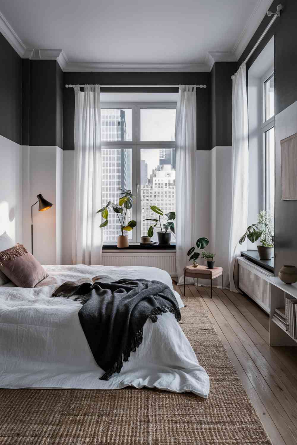  A Scandinavian minimalist bedroom in a city apartment. One wall is painted a dark charcoal gray, contrasting with the other white walls. The bed features white linens with a charcoal throw. A sleek black metal floor lamp stands in one corner. Large windows offer a view of city skyscrapers, with sheer white curtains providing privacy without blocking light.