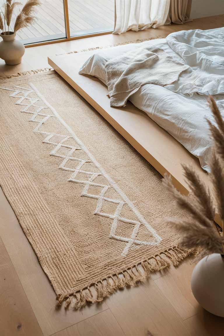 A large, minimalist area rug in a japandi bedroom. The rug is made of natural jute in a pale beige color with a simple geometric pattern in white. It's placed under the bed, extending out to create a defined sleeping area.