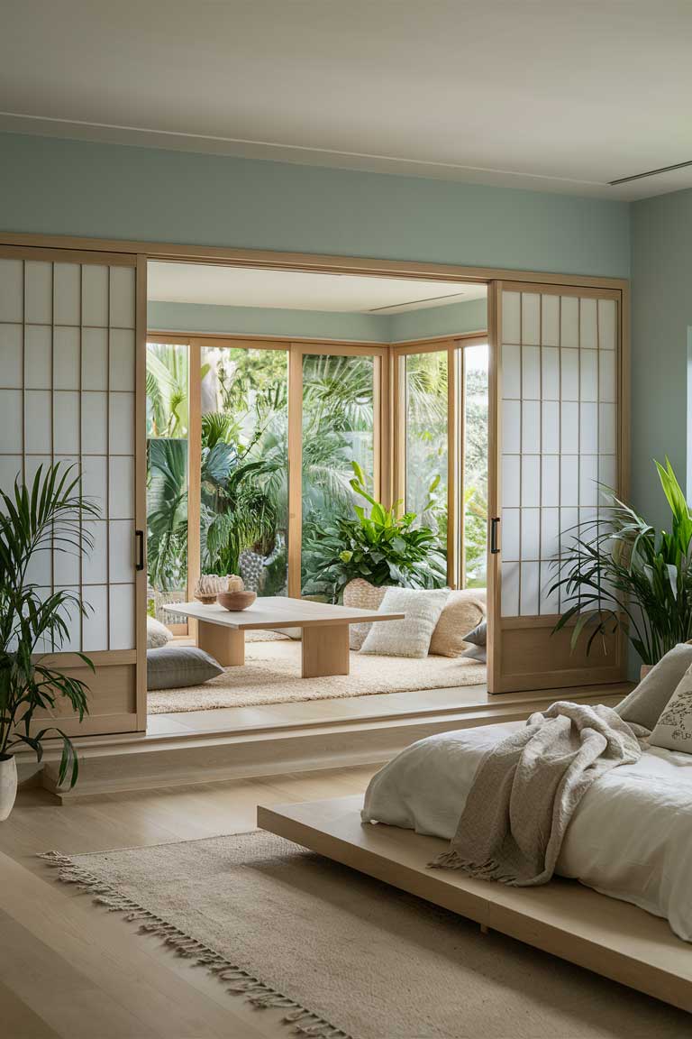 A spacious bedroom with soft blue walls and floor-to-ceiling windows showcasing a serene garden view. A low wooden platform bed is centered in the room, dressed in white bedding. Sliding shoji doors partially separate the sleeping area from a small sitting area with a low table and floor cushions.