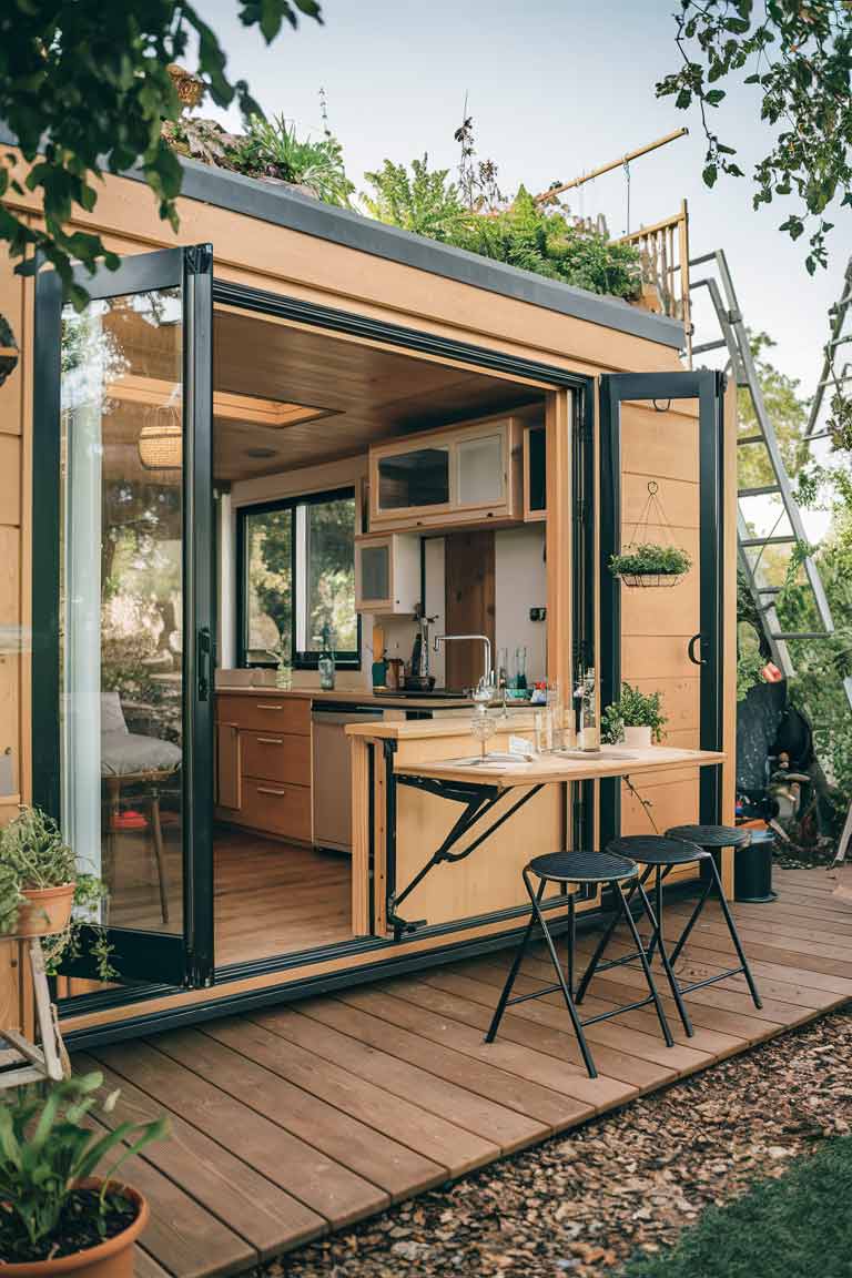 A tiny house exterior showcasing seamless indoor-outdoor integration. Large sliding glass doors open onto a small deck, visually extending the interior living space. A fold-down bar attached to the exterior wall provides outdoor dining space. Potted plants and hanging baskets add greenery. In the background, a ladder leads to a rooftop garden.