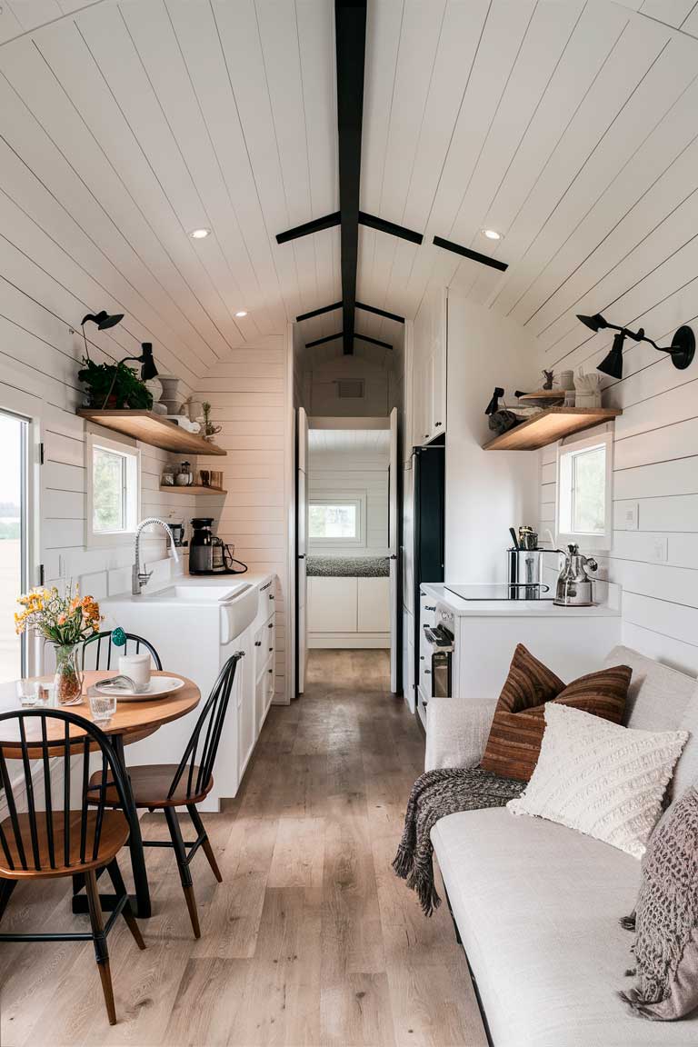 A tiny house interior featuring a contemporary farmhouse aesthetic. A sleek, modern kitchen with white cabinetry is accented with a farmhouse sink and open shelving. Shiplap walls painted in a light, neutral color add texture. A small, modern dining table is paired with classic Windsor chairs. The living area features a comfortable, contemporary sofa with rustic throw pillows. Modern lighting fixtures with an industrial edge provide illumination. The color palette is predominantly white and light wood tones, with black accents for contrast.