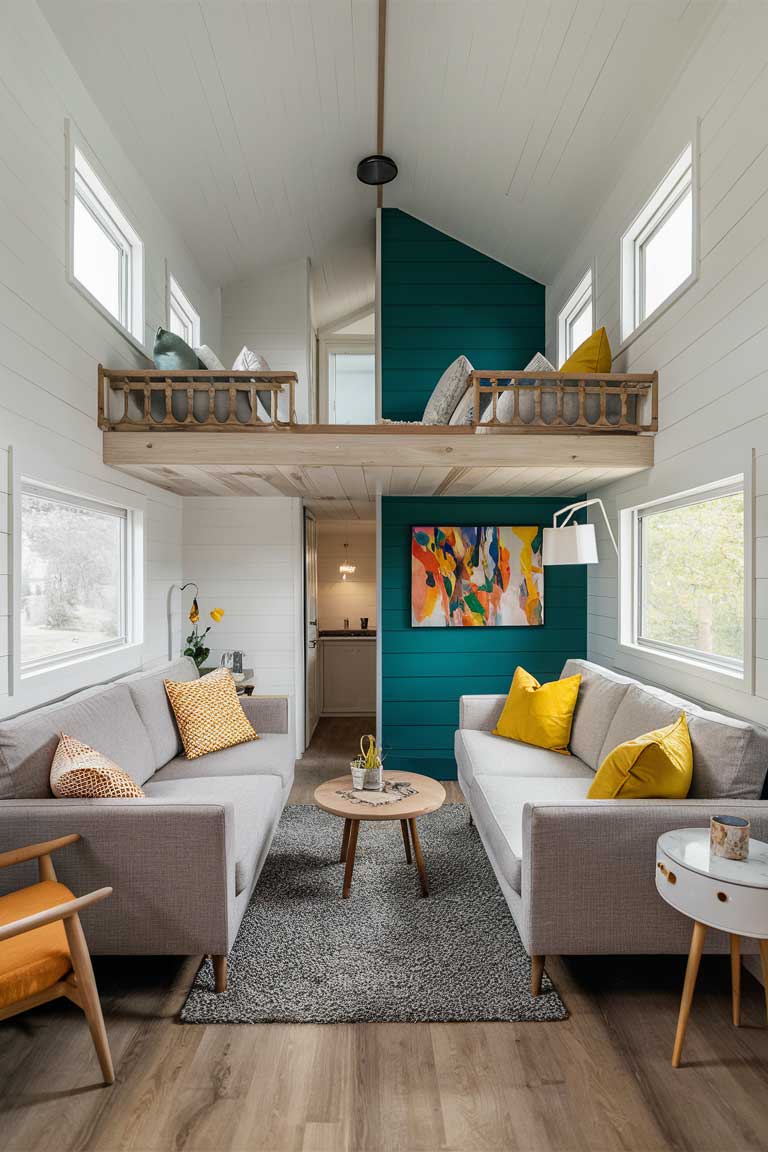 A tiny house living room showcasing different color schemes. One half of the room has a neutral palette with white walls, a light gray sofa, and natural wood accents. The other half features a bold accent wall in deep teal, contrasting with neutral furniture. Pops of color are added through yellow and orange throw pillows and a colorful abstract painting. The room demonstrates how different color approaches can work in a small space.