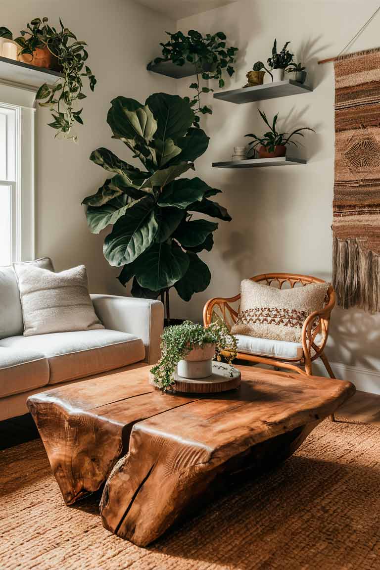 A small living room with a reclaimed wood coffee table as the centerpiece. A large fiddle leaf fig plant stands in one corner, while smaller plants are placed on floating shelves. A rattan armchair sits next to the sofa, and a woven wall hanging adds texture to one wall.