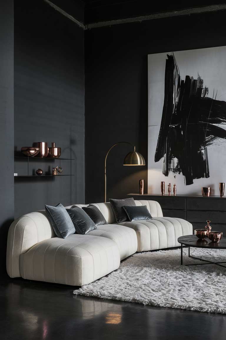 An elegant industrial minimalist living room featuring a monochromatic color scheme. Charcoal grey walls contrast with a plush ivory sectional sofa. Metallic accents in brass and copper, including a modern floor lamp and decorative objects, add warmth to the space. A large black and white abstract canvas hangs on the wall, tying the color palette together.