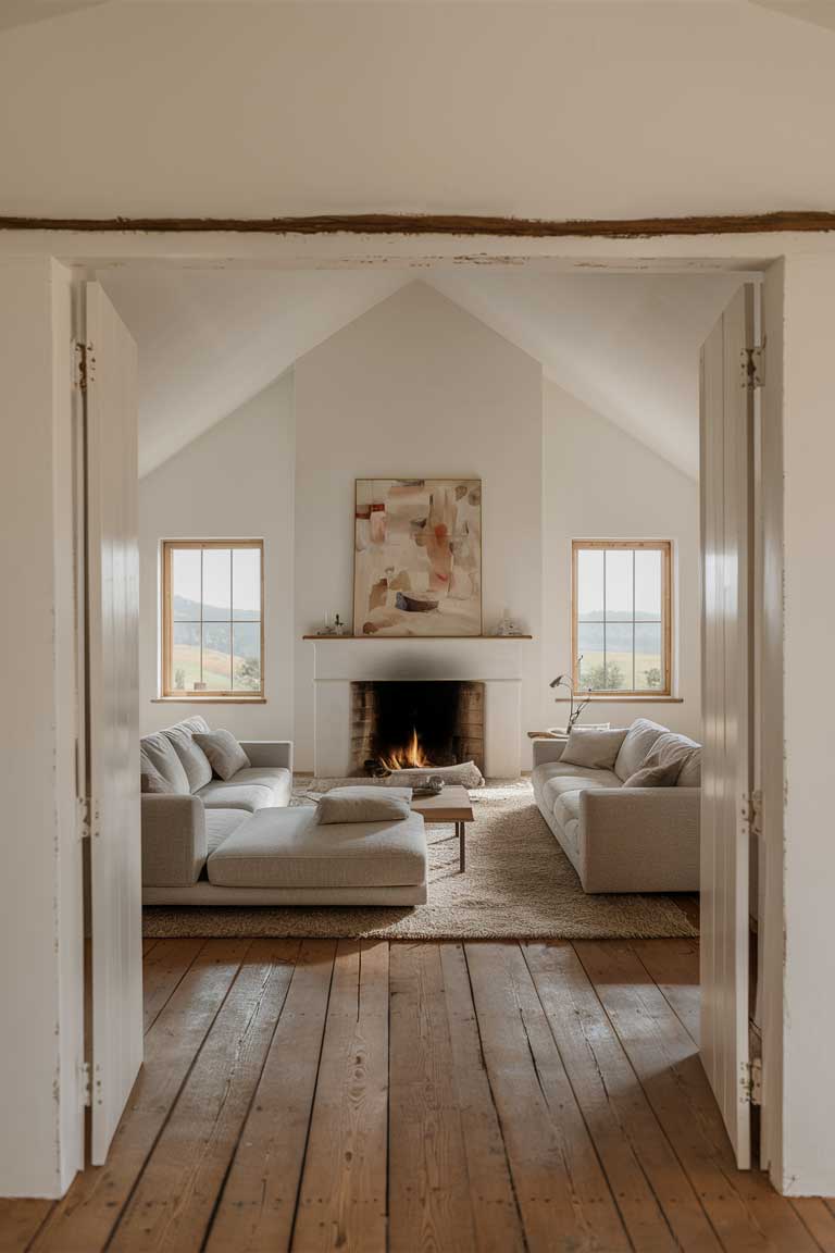 A minimalist farmhouse living room, featuring a rustic wooden floor, white walls, and simple, yet elegant, furniture. A large, comfortable sectional sofa is placed in front of a cozy fireplace, with a beautiful, yet understated, abstract painting hanging above it. The room is filled with natural light, and the windows provide a picturesque view of the surrounding countryside. The overall ambiance is warm, inviting, and tranquil, creating the perfect space for relaxation and reflection.