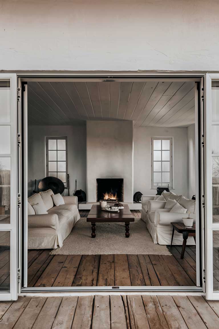 A minimalist farmhouse living room design. The room features a simple yet elegant color palette of white and light gray. A large, comfortable cream sofa sits in front of a cozy fireplace, with a polished wooden coffee table in the center. A rustic, wooden floor complements the space, and floor-to-ceiling windows provide an abundance of natural light. The overall ambiance is warm, inviting, and serene, creating an ideal space for relaxation.