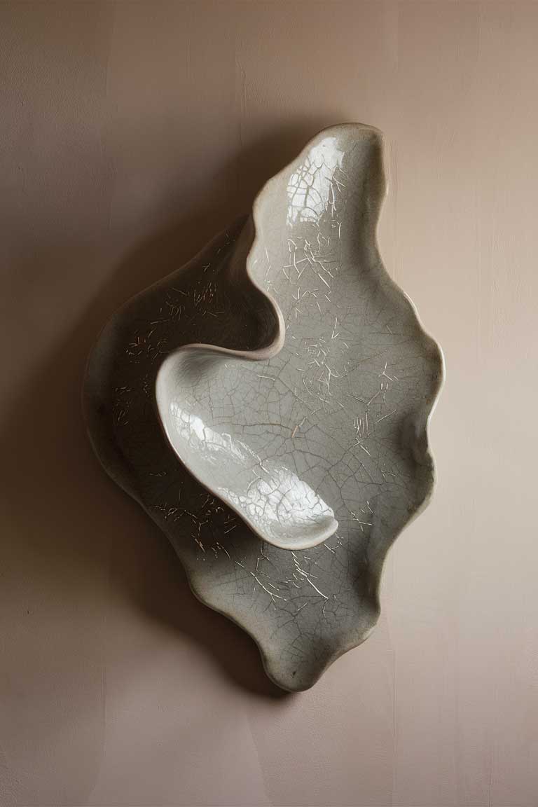 A close-up of a wall-mounted ceramic piece with an irregular, organic shape and a crackled glaze finish. The piece has a soft, muted color palette of greys and whites, embodying the wabi-sabi aesthetic. It's mounted on a warm, neutral-toned wall, creating a subtle but intriguing focal point.