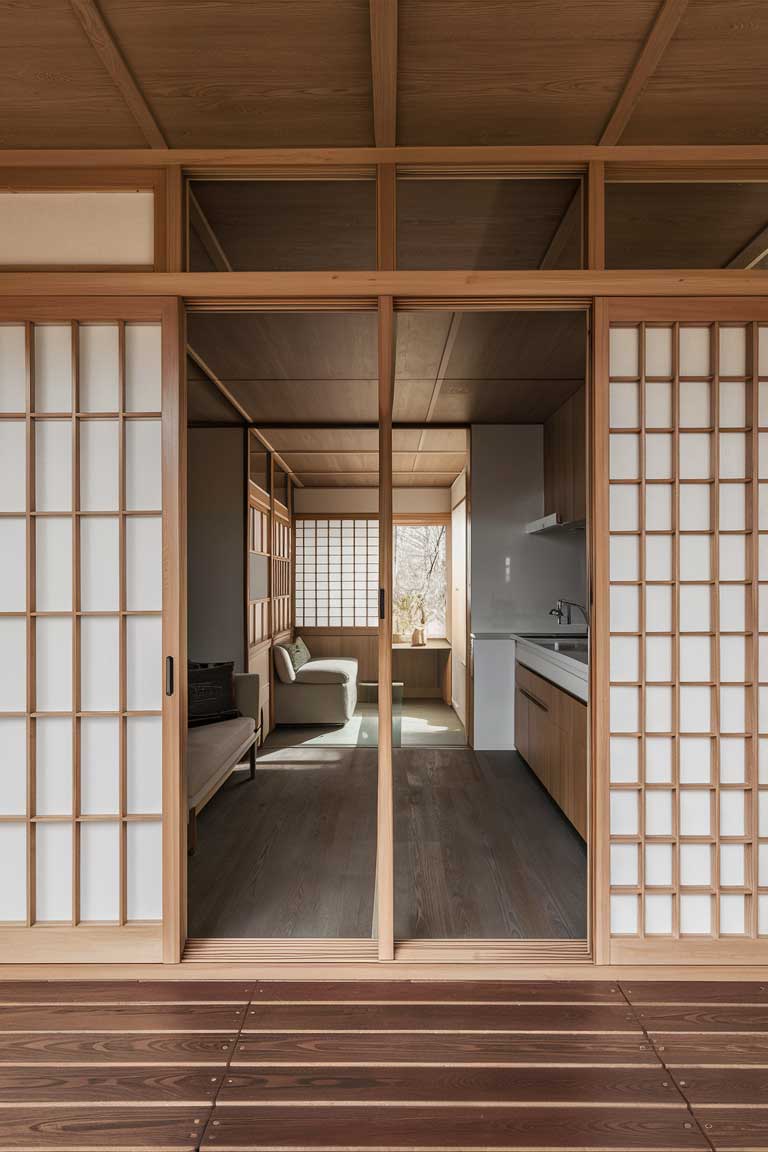 A Japanese tiny house interior with shoji or modern sliding doors, seamlessly connecting different living zones and maximizing the use of space.