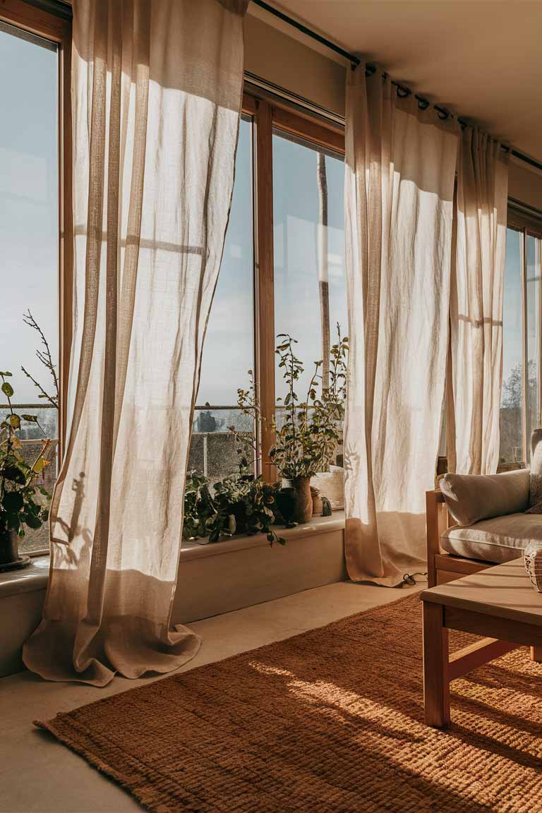 A bright living room with large windows stretching from floor to ceiling. Sheer white linen curtains billow gently, filtering the sunlight. The room is bathed in a soft, warm glow that highlights the natural textures of a jute rug and wooden furniture. Plants on the windowsill cast interesting shadows, adding depth to the space.