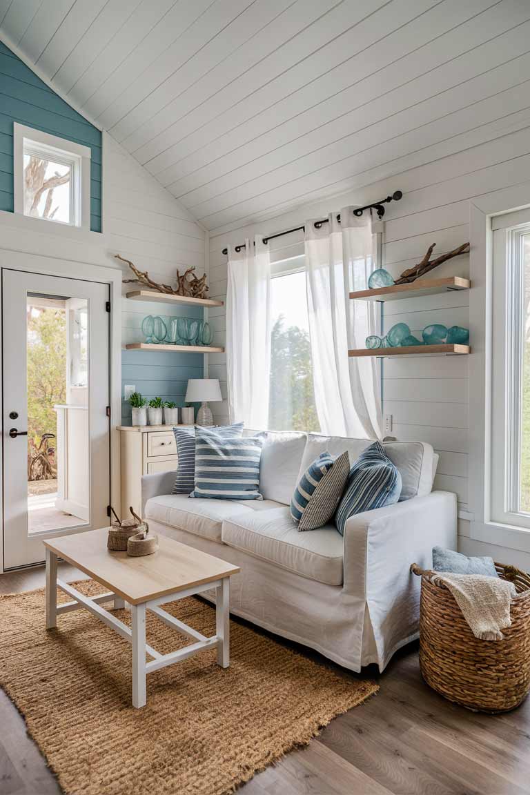 A bright and airy tiny house living room with a modern coastal theme. The walls are painted a crisp white, with one accent wall in a soft blue. A small white slipcovered sofa is adorned with blue and white striped pillows. A light wood coffee table sits atop a jute rug. Floating shelves display coastal-inspired decor like driftwood and sea glass. A large window with sheer white curtains lets in plenty of natural light, enhancing the beachy atmosphere.