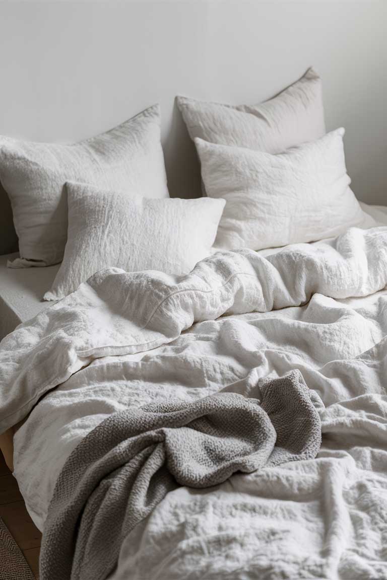 A close-up of a bed in a tiny bedroom, showcasing high-quality white linen bedding with a soft, rumpled texture. A single light grey throw is casually draped across the foot of the bed, adding depth without clutter.