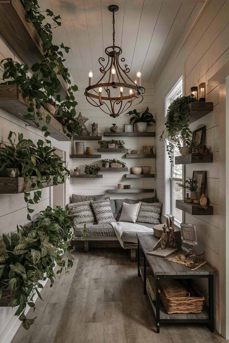 A full view of a rustic tiny living room emphasizing vertical space usage. Floating wooden shelves on one wall display plants and rustic decor pieces. A wrought iron chandelier hangs from the center of the room, providing light without taking up floor or table space. Despite the many storage solutions, the room feels open and uncluttered.