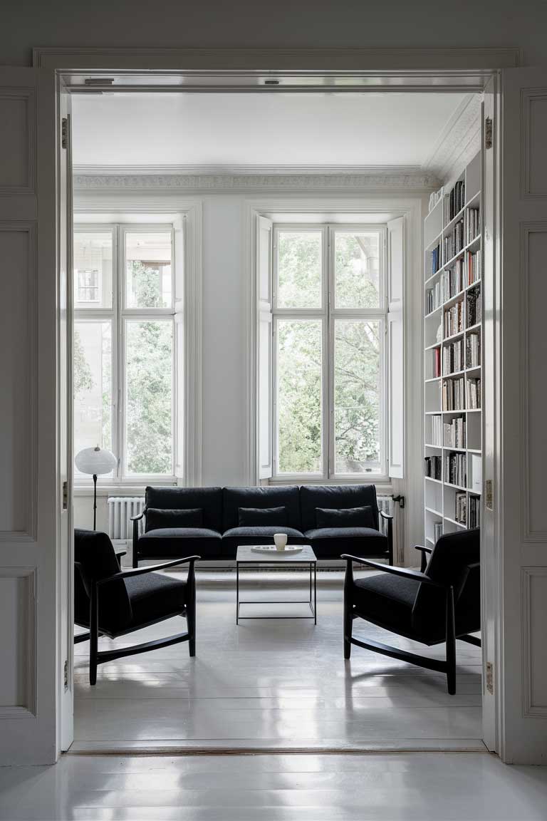 A sleek, modern living room with white walls, black furniture, and large windows allowing natural light to flood the space.